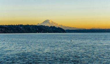 Alacakaranlıkta Puget Sound 'un karşısındaki Rainier Dağı. Fotoğraf: Burien, Washington.