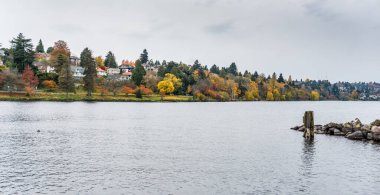 Seattle 'daki evler Washington Gölü' ne bakıyor. Sonbahar geldi..