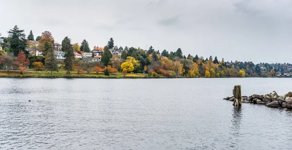 Homes face Lake Washington in Seattle. It is autumn.