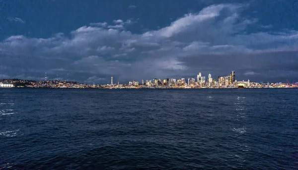 Noční Snímek Panorama Centra Seattlu — Stock fotografie