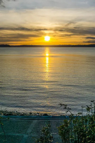 Sol Afunda Para Horizonte West Seattle Washington — Fotografia de Stock