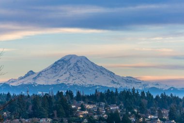 Gökyüzü bulutlu Rainier Dağı manzarası.
