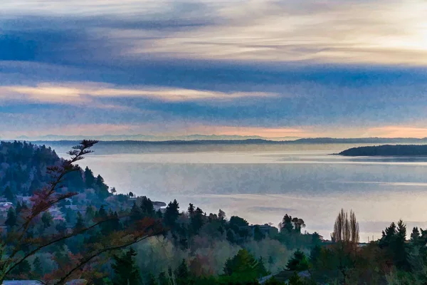 Kalme Wateren Onder Grijze Wolken Puget Sound — Stockfoto
