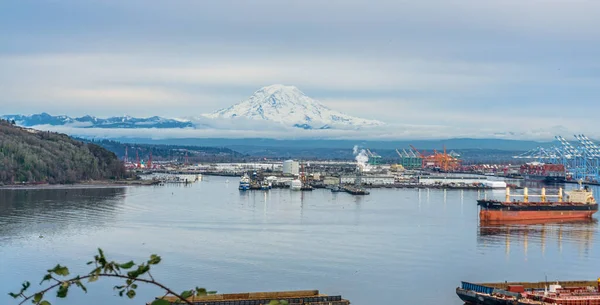 Monte Rainier Coberto Com Neve Atrás Porto Tacoma — Fotografia de Stock