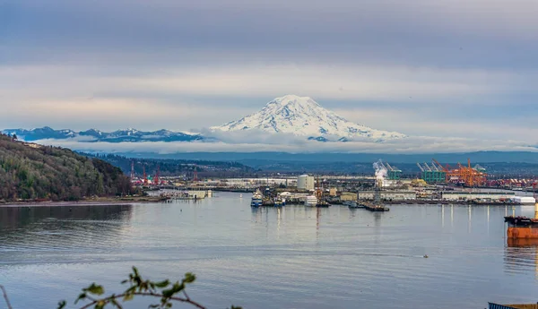 Mount Rainier Covered Snow Port Tacoma — Stock Photo, Image