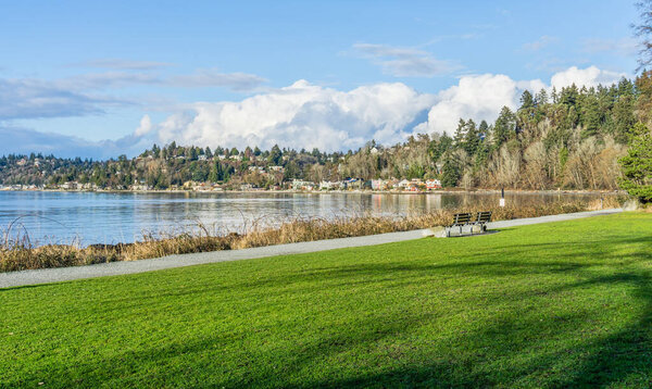 A veiw of the West Seattle shoreline from Lincoln Park.