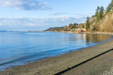 Batı Seattle, Washington 'daki Lincoln Park' taki sahil ve kıyı evleri manzaralı..