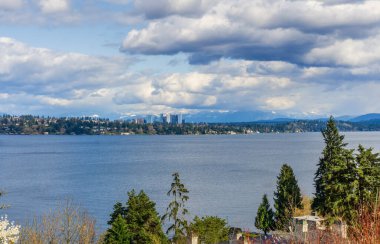 Bellevue, Washington 'un kıyı şeridinin ardında Cascade Dağları var..