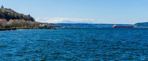 Una Vista Del Paseo Marítimo Ruston Washington Con Las Montañas — Foto de Stock
