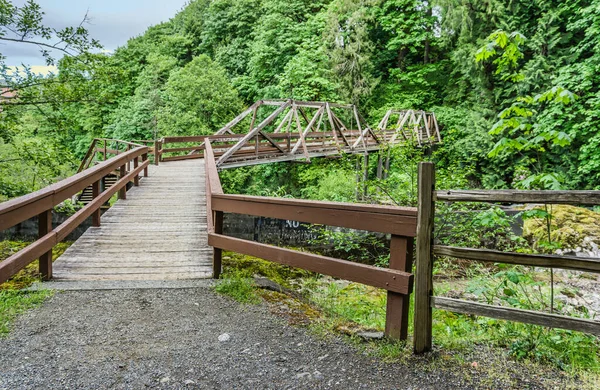 Μια Ξύλινη Γέφυρα Στο Πάρκο Tumwater Falls Στην Πολιτεία Της — Φωτογραφία Αρχείου