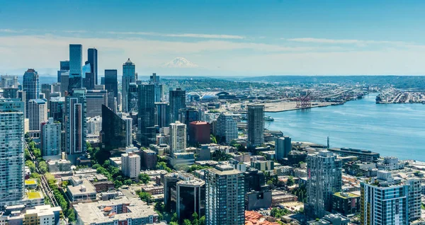 Budynki Dół Seattle Mount Rainier Odległości — Zdjęcie stockowe