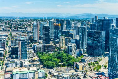 Seattle 'ın aşağısındaki binalar ve uzaktaki Rainier Dağı.