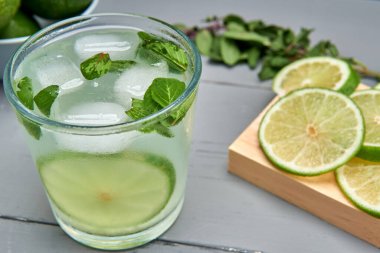 Naneli ve buzlu limon suyu. Sağlıklı bir yaşam için şeker eklenmemiş. Tazelenmek ve bolca vitamin almak için mükemmel bir seçim.