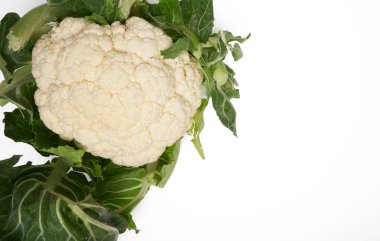 Karnabahar beyaz arkaplanda izole edilmiş ve kopyalama alanı var. Reklamlar, afişler ve broşürler için tavsiye edilir.