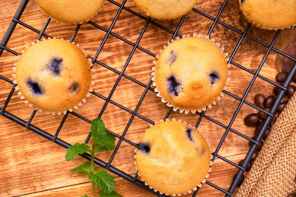 Mini Muffin Mirtilli Una Teglia Nera Decorata Con Foglie Menta — Foto Stock