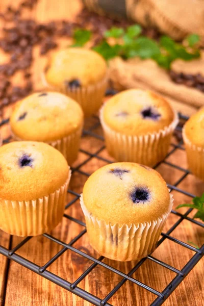 Blåbärsmuffins Närbild Ett Svart Metallnät Ett Träbord Selektivt Fokus Porträttvy — Stockfoto