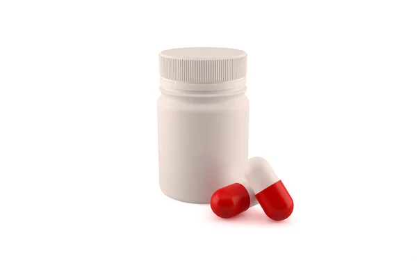 Medicine pill bottle with two pills. Isolated render on a white background — Stock Photo, Image