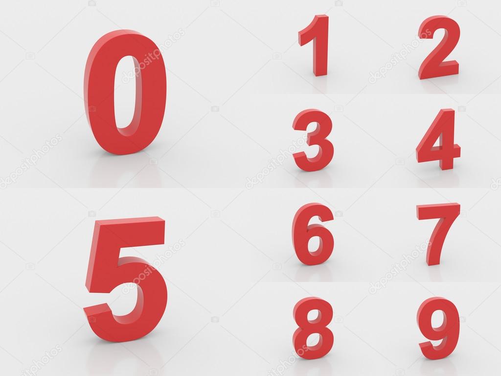 3d red numbers from 0 to 9 on white background