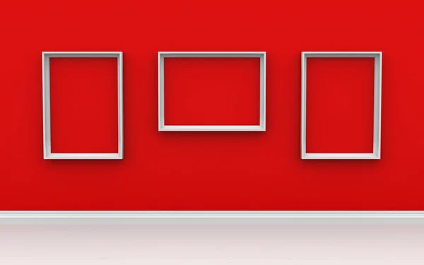 Interiér galerie s prázdné rámečky na červené zdi Stock Snímky
