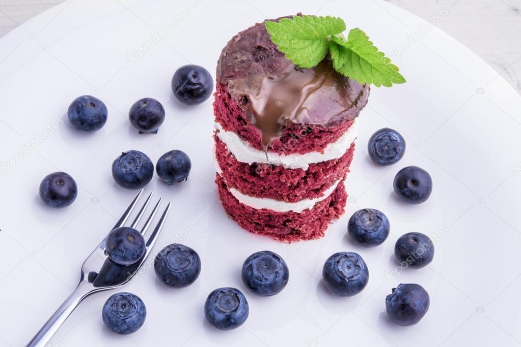 Red velvet cake with blueberries. US flag themed dessert, ideal 