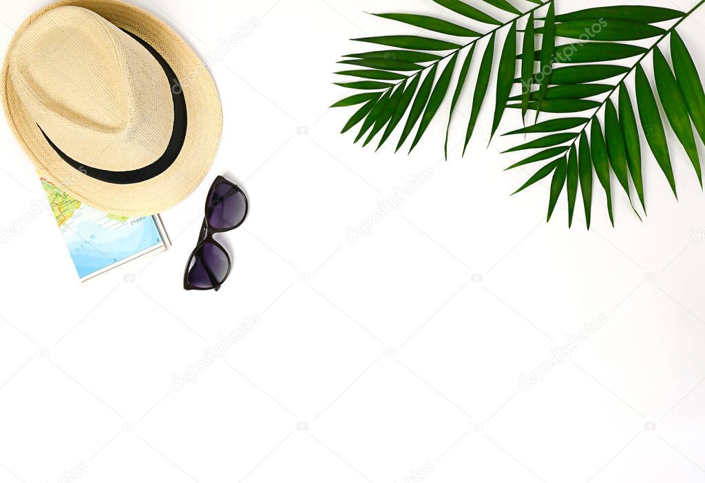 Overhead view of Traveler's accessories. Essential vacation items. Travel concept background. Flat lay. High quality photo