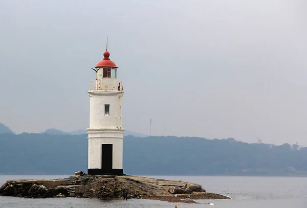 Lonely Lighthouse Stone Road Middle Sea Mountain View High Quality — Stock Photo, Image