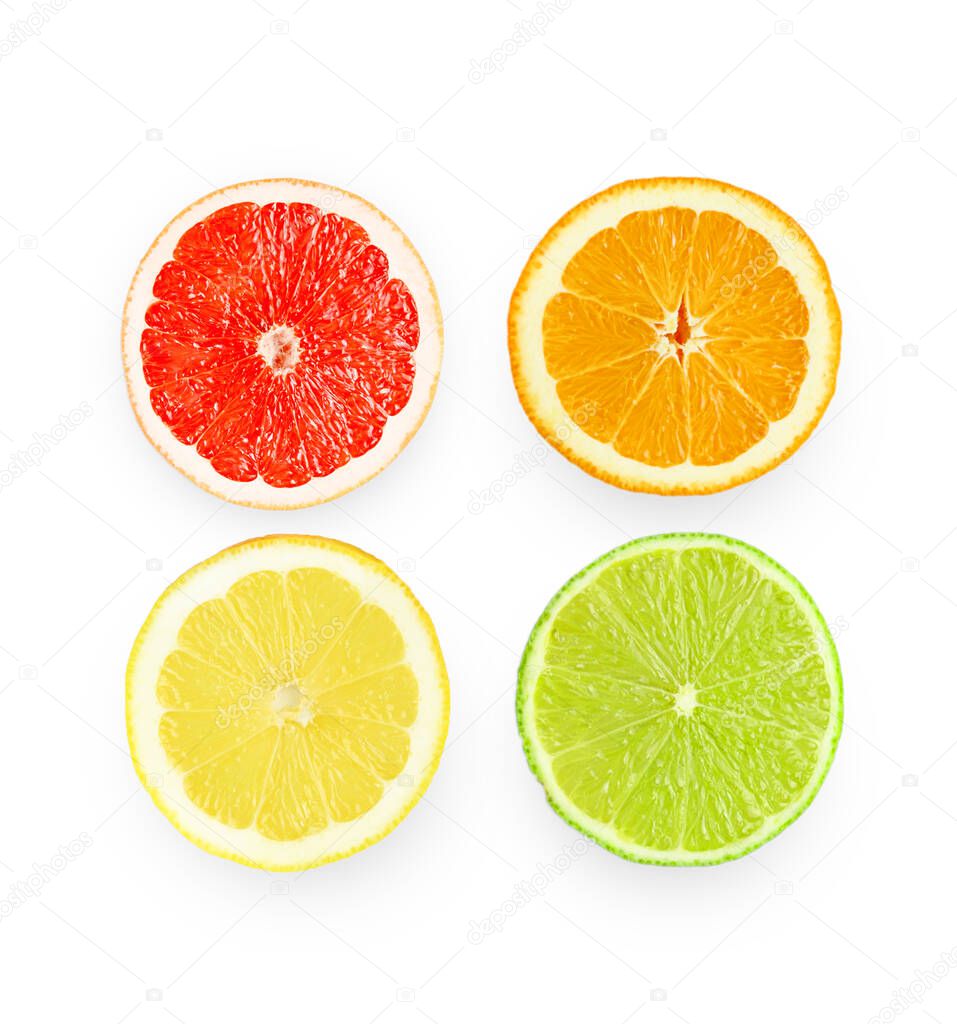 Isolated composition with citrus fruits, on white background, flat lay. High quality photo