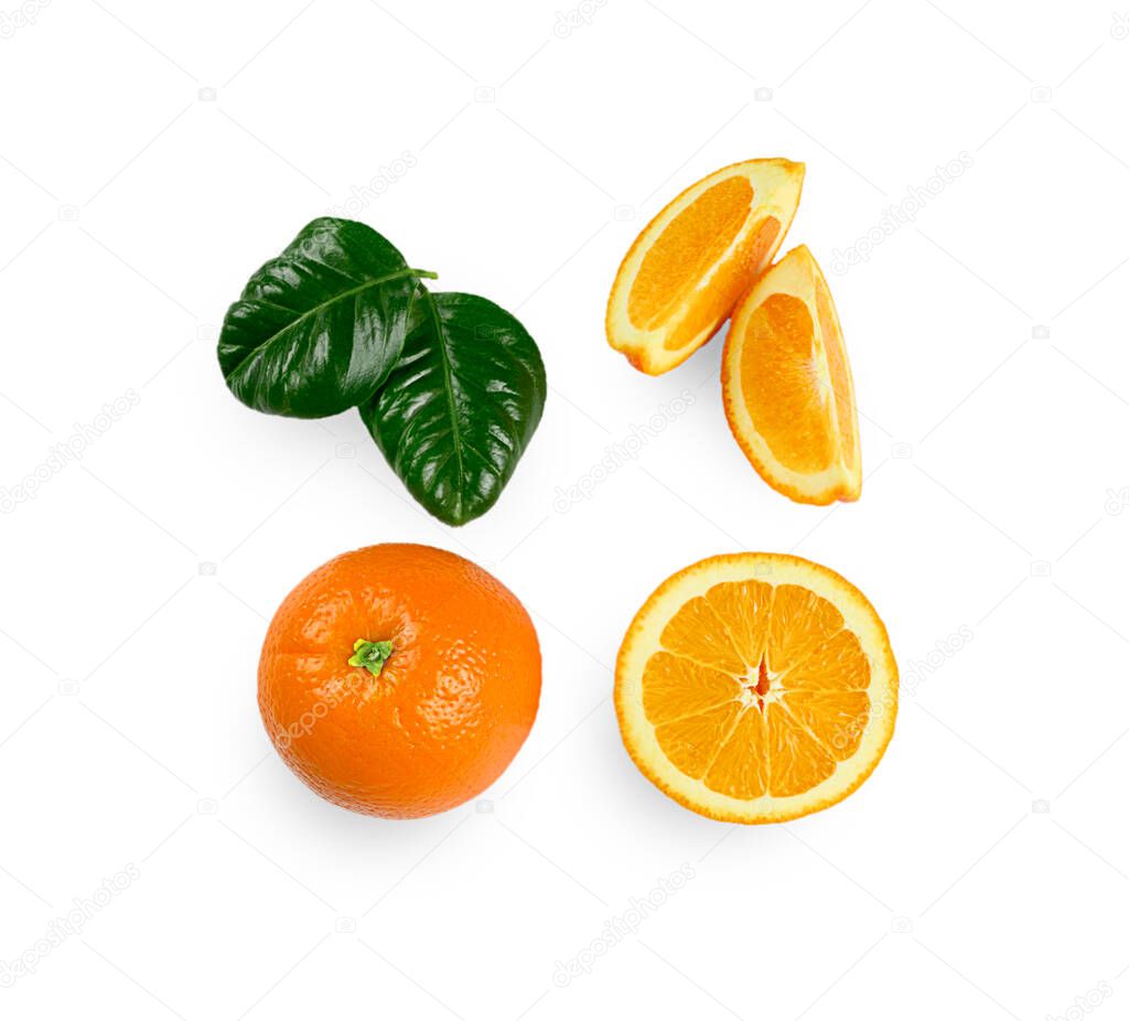 Set of fresh whole and cut orange and slices isolated on white background, with leaf. Top view. High quality photo