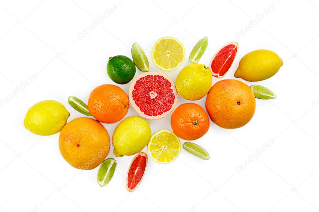 Flat lay composition with citrus fruits, leaves and flowers on white background