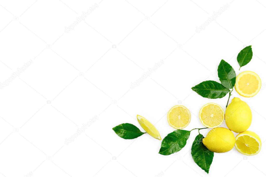 Fresh organic yellow lemon lime fruit with slices and green leaves isolated on white background . Top view. Flat lay. Copyspace for text. High quality photo