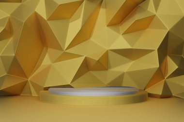 3D render - Açık sarı silindir podyum Trangle soyut altın arkaplan resmi, kozmetik parfüm için görünüm doğal ürün.