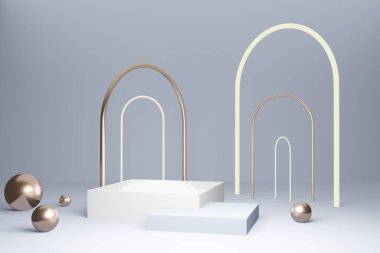 3D görüntüleme - Beyaz renkli arka planda beyaz kare podyum, kozmetik parfüm için görüntü doğal ürün, basit temiz tasarım, lüks minimalist modelleme