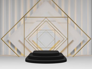 3D oluşturma - Siyah arkaplan üzerine beyaz podyum, kozmetik parfüm için görünüm doğal ürün, basit temiz tasarım, lüks minimalist modelleme
