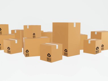3D oluşturma - Küresel paketler teslimat ve paketler ulaşım kavramı, beyaz arka plan, kargo, dağıtım ve ulaşım lojistik depolama deposunda izole edilmiş karton kutular