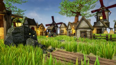 Doğayla dolu bir köy, güzel bir akşamda salıncaklı ahşap bir ev.