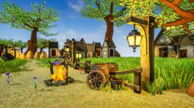 Doğayla dolu bir köy, güzel bir akşamda salıncaklı ahşap bir ev.