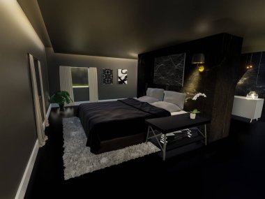 3D render - Modern ve minimalist tarzda yatak odası iç mimarisi, rahat ev arka planı, basit iç mimari duvar modeli.