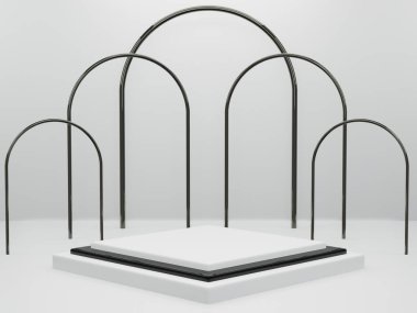 3D görüntüleme - kozmetik veya başka bir ürün için siyah beyaz mermer podyum lüks arka plan, kozmetik parfüm için görüntü doğal ürün, basit temiz tasarım.