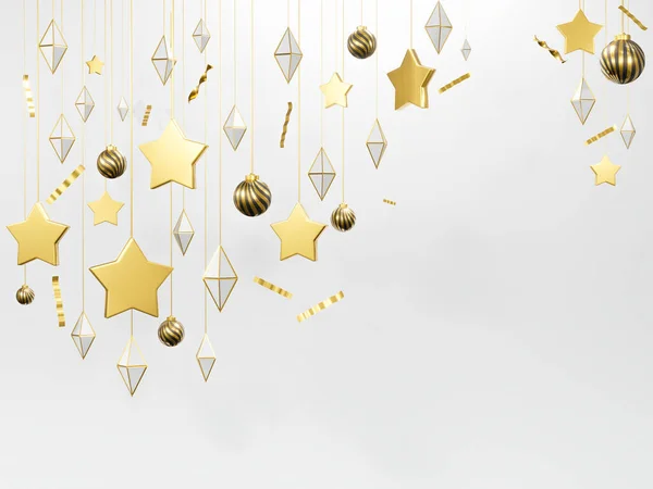 Render Natal Ano Novo Banner Com Pendurado Ouro Prata Bugigangas — Fotografia de Stock