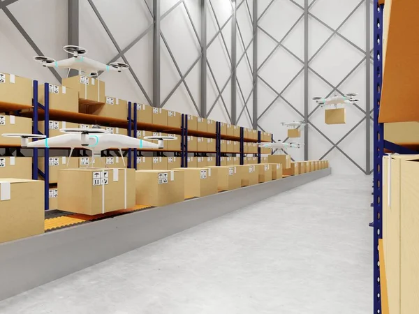 3D render - Drones carry express packages in warehouses, online shopping, automatic logistics management, the interior of a warehouse in the logistic center, logistic.