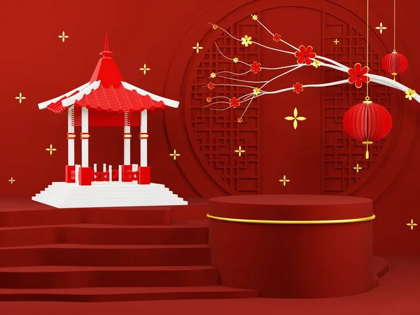 3D render - Chinese tradition podium, red geometric podium, a podium with happy new year, Chinese lunar new year concept.