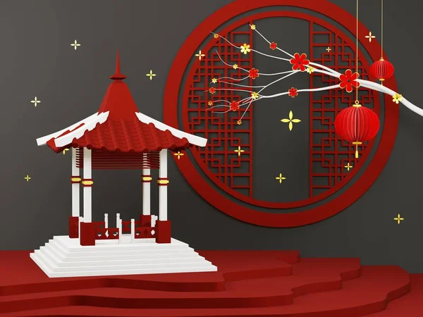 3D render - Chinese tradition podium, red geometric podium, a podium with happy new year, Chinese lunar new year concept.