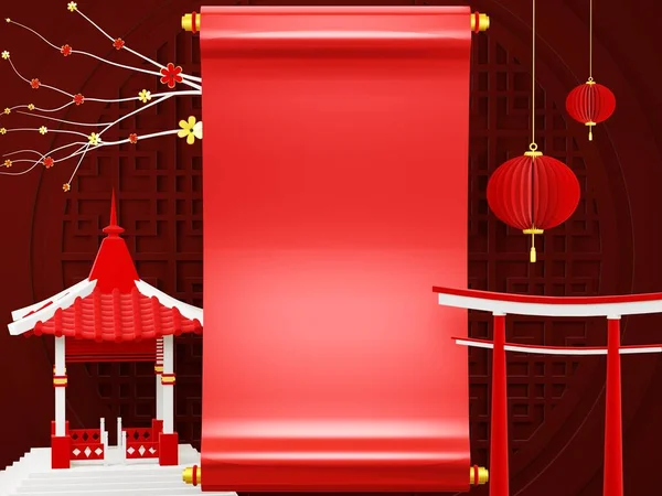 3D render - Chinese tradition podium, red geometric podium, a podium with happy new year, Chinese lunar new year concept.