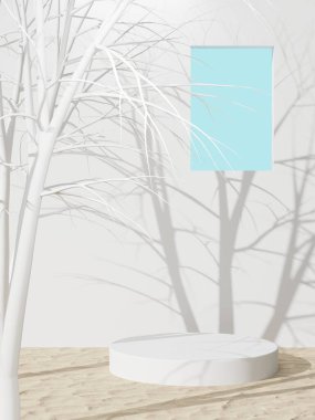 3D görüntüleme - Kum arka planda beyaz podyum, kozmetik parfüm için görüntü doğal ürün, basit temiz tasarım, lüks minimalist modelleme.