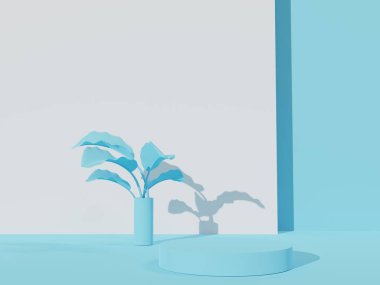 3D oluşturma - Mavi arkaplanda turuncu podyum, kozmetik parfüm için görünüm doğal ürün, basit temiz tasarım, lüks minimalist model.
