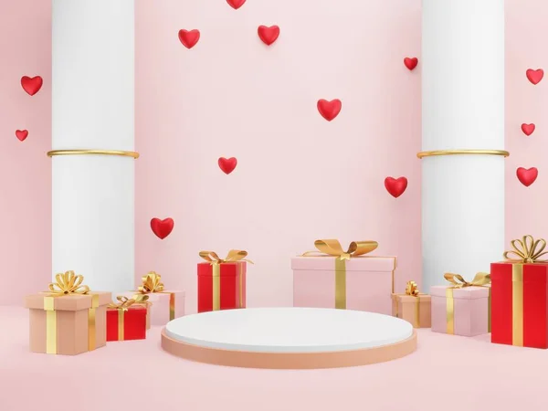 3Dレンダリング バレンタイン ハッピーバレンタインデーコンセプトのための表彰台製品の背景 製品表示を表示 — ストック写真