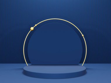 Mavi arka planda ürün gösterimi için yuvarlak mavi podyum, ürün gösterimi, lüks minimalist modelleme - 3D