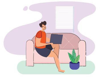 Evde çalışan çizgi film karakteri, Corona virüsü, Coronavirus COVID-19, Vector Illustrated, Coronavirus virüsü yüzünden yavaş yaşam gibi evde oturan ve çalışan bir adam.