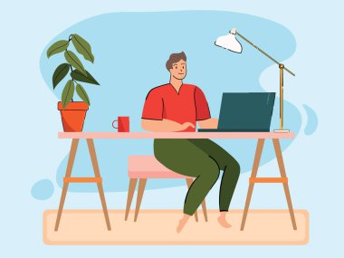 Evde çalışan çizgi film karakteri, Corona virüsü, Coronavirus COVID-19, Vector Illustrated, Coronavirus virüsü yüzünden yavaş yaşam gibi evde oturan ve çalışan bir adam.