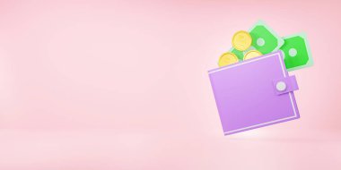 Cüzdan ve bir sürü para, konsept mali muhasebe için para biriktirme - 3D render